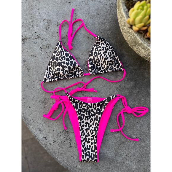 NEW Hot Pink Leopard Print Triangle Halter Top Cheeky String Bikini SMALL - Picture 1 of 8